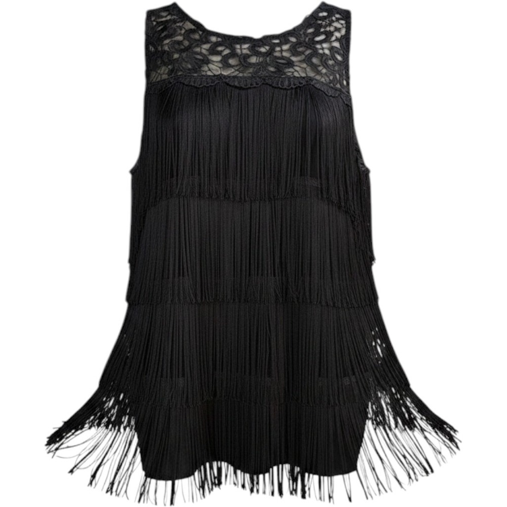 White House Black Market Fringe Tank Top Women Small Black Lace Yoke Flapper 20s